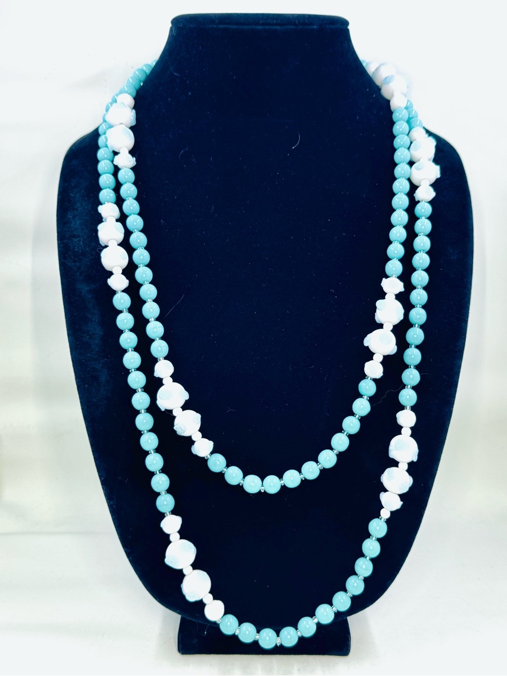 Trifari Vintage Turquoise & White W/Blue Roses Glass Beaded 60” Long Necklace